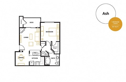Floor plan for 1 bed, 1 bath, 657 sqft